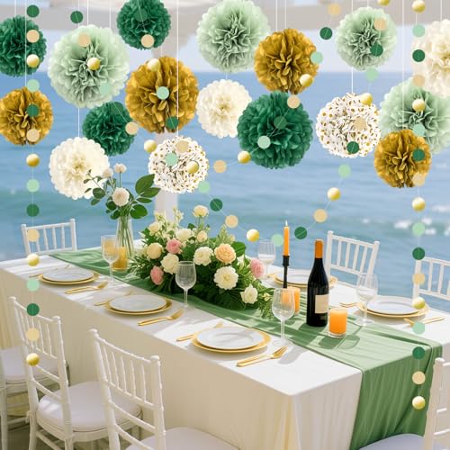 Image of KAXIXI Sage Green Wedding Party Decorations, Green and Gold Tissue Paper Pom Poms Circle Garland for Bridal Shower Baby Shower Wedding Birthday Engagement Party Decorations, 17PCS