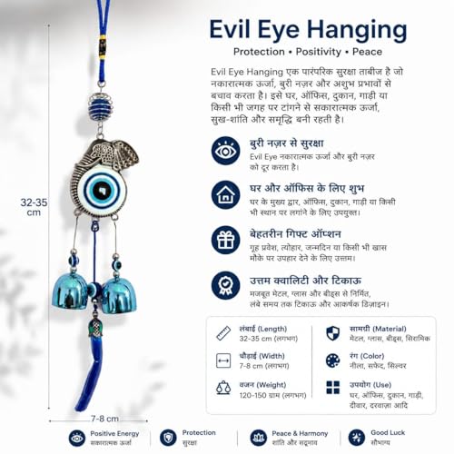 Image of Blue Evil Eye Hanging Wind Chime with Elephant Charm & Turkish Nazar Bead for Home Entrance, Balcony, Living Room, Office Wall Decor & Positive Energy Protection (32-35 cm)