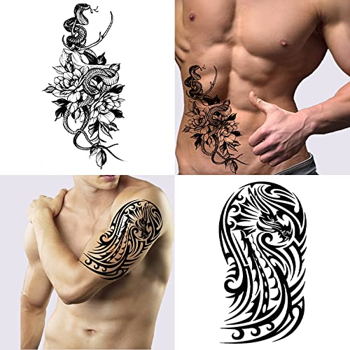 30 Sheets Temporary Tattoos For Women- Tattoo Stickers Long Lasting 3D Realistic Large Flower Snake Temp Tattoos Waterproof Half Sleeve For Men, Adults, Teens, Party, Bar #TOP2