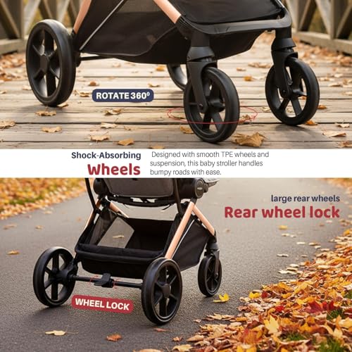 Image of Baybee Baby Stroller Pram for 0-3 Years | Reversible Seat, Canopy, 3-Position Recline, Large Wheels, Lightweight Aluminium Frame | Strollers for Boys & Girls (Black)