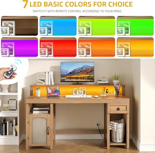 Image of DWVO Farmhouse Office Desk with Drawer & Power Outlets, Rattan Computer Desk w /LED Strip & Monitor Stand for Bedchamber Study, Home Office Table w /Storage Cabinet for Working Writing Gaming (Oak)