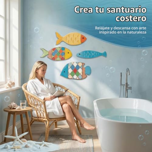 Miniatura 3 de Teozblu 4pcs Decoración De Pared De Peces De Madera,Arte De Pared,Decoración Para El Hogar,Adornos De Baño Adhesiva De Peces De Madera Estilo Playa,Decoración De Casa,Cuadros Decoracion Salon Modernos