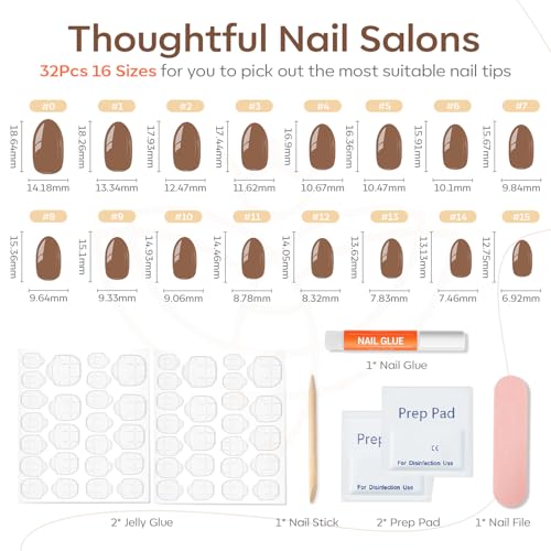 modelones Brown Press on Nails Short, Oval Fake Nails Kit Nails Press Ons