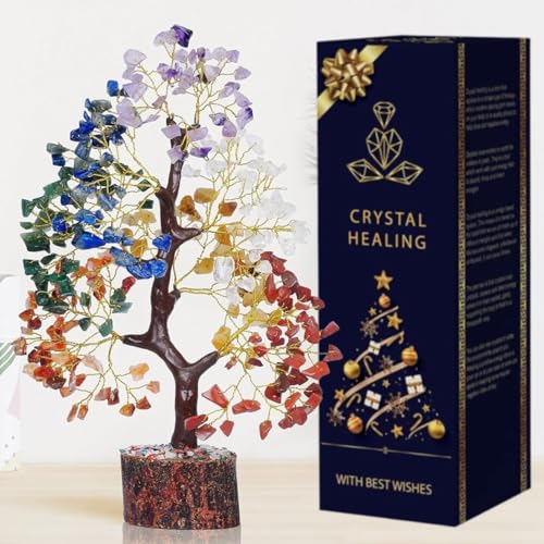 PREK Seven Chakra Crystals and Gemstones, Seven Chakra Crystal Tree Showpiece for Good Luck Home Decor Item Bonsai Money Tree Plant Gift Item Figurine Standard Size - Multicolor, 1 Piece