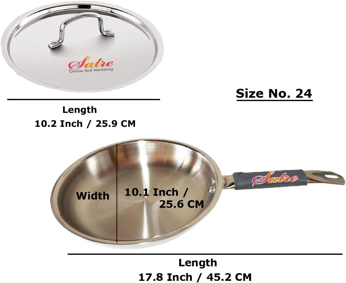 Satre Online and Marketing Stainless Steel Triply Fry Pan with Steel Lid, Fry Pan with Handle, Induction base, Fry Pan with Handel (Size No. 24)