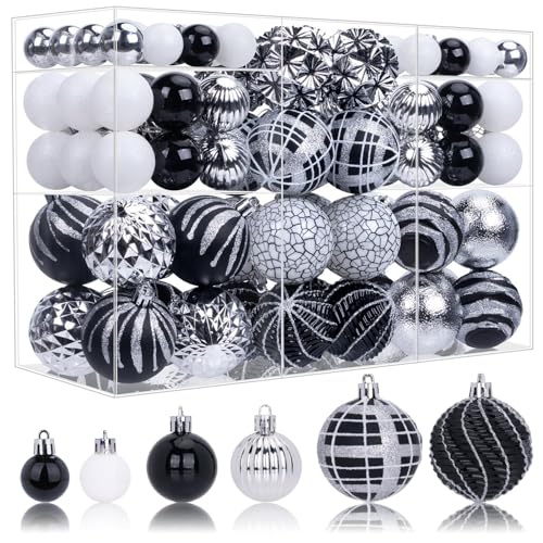 100ct Christmas Ball Ornaments Set, Black Silver and White Shatterproof Hand-Painted Hanging Baubles Decoration Bulk for Xmas Tree, Wreath, Garland, Home Holiday Decor