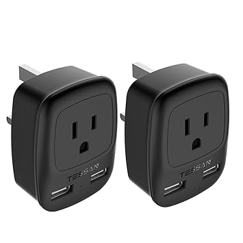 TESSAN UK Hong Kong Ireland Travel Plug Adapter 2 Pack, Type G Power Outlet Adaptor with 2 USB for USA to London Scotland Dubai British England Irish, Black
