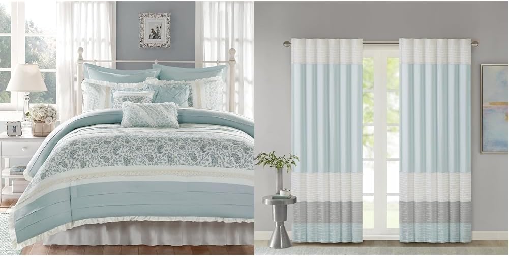 Madison Park Dawn 9 Piece Cotton Comforter Set with Matching Aqua Striped Shower Curtain