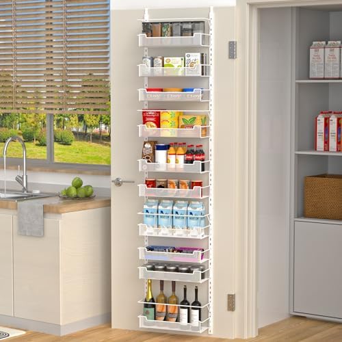 Over the Door Pantry Organizer, 10-Tier Over the Door Organizer with Adjustable Basket, Pantry Door Organization for Pantry Kitchen Storage Room Spice Rack, White