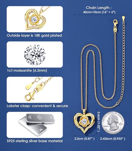 Beam & Bask Rose Flower Heart Moissanite Necklaces for Wife, S925 Silver Pendant for Women, 18K Gold Plated Jewelry for Her Girlfriend Mom for Anniversary Birthday 6