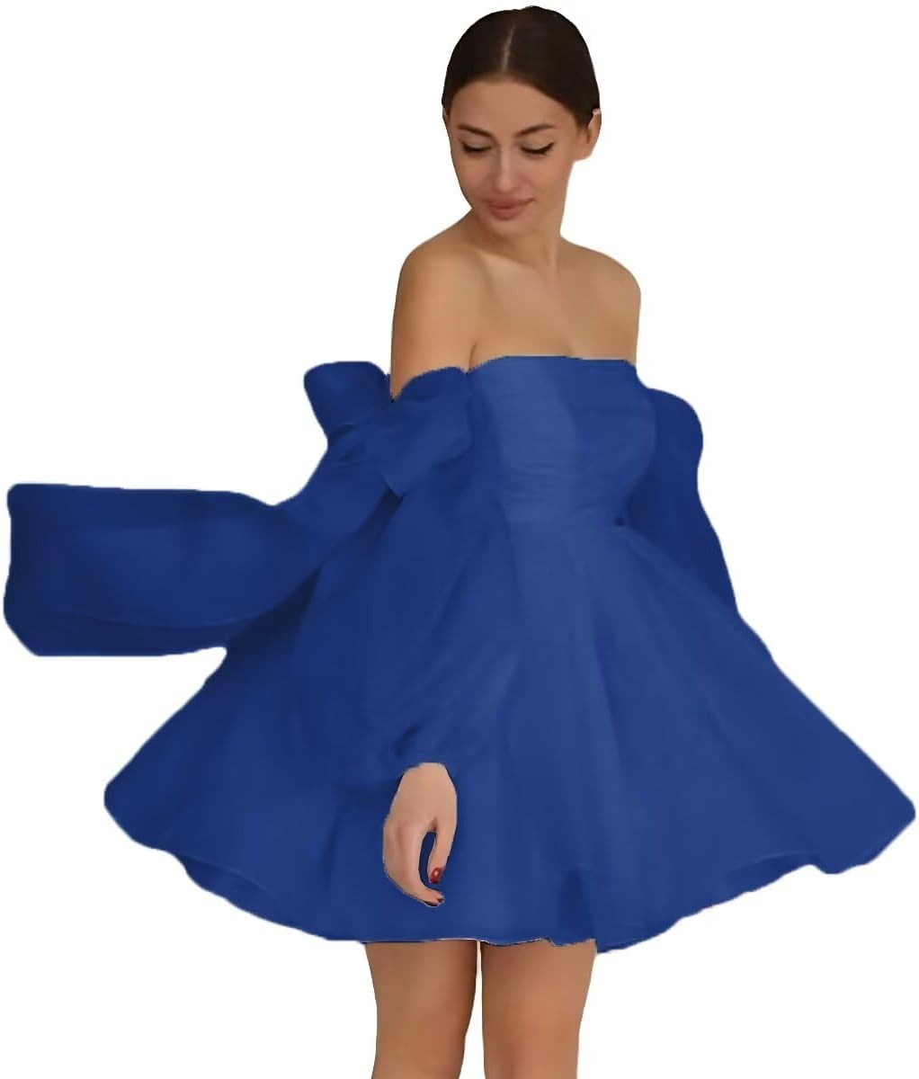 Short Wedding Dresses for Bride Long Sleeve Organza Bridal Gown Pleated Off Shoulder Wedding Dress with Bow