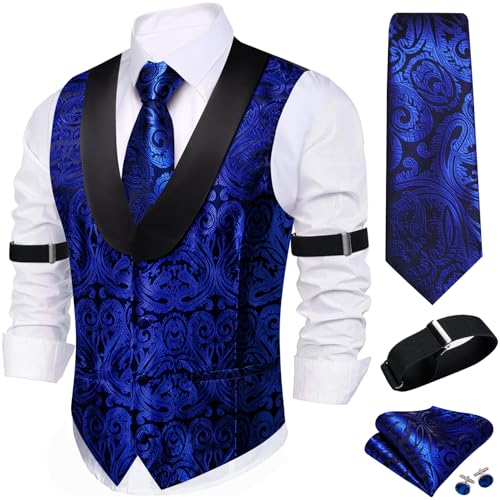 Barry.Wang Mens Silk Lapel/Shawl Collar Vest Tie Sleeve Holder Set Formal/Casual Paisley Vests Wedding Tuxedo Waistcoat