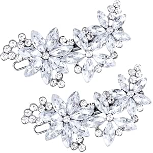 Pagow Crystal Flower Bridal Hair Clips, 2 Pack Silver Rhinestone Hair Pins for Weddings and Special Occasions