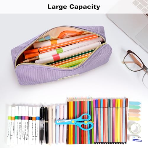 Image of FINPAC Pencil Case, Corduroy Aesthetic Makeup Bag, Cute Kawaii Pen Bag Pouch Holder Box Organize for Study, Office, or Travel (Purple)