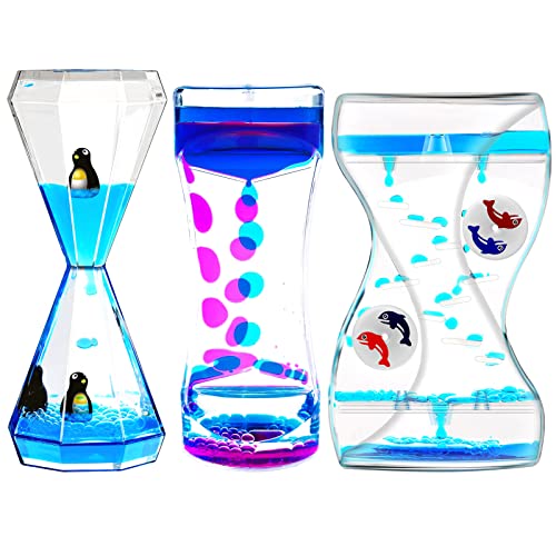 OCTTN Sensory Liquid Motion Bubbler Timers Set for Kids and Adults, 3 Pack Hourglass Different Shapes for Desk Décor Office, Sensory Play Toy