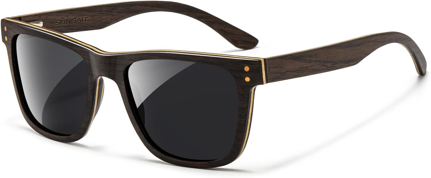 SUNGAIT Black Oak & Dark Ebony Wood Sunglasses Mens Womens Square Polarized All-Wood Sun Glasses UV400 Protection with Case