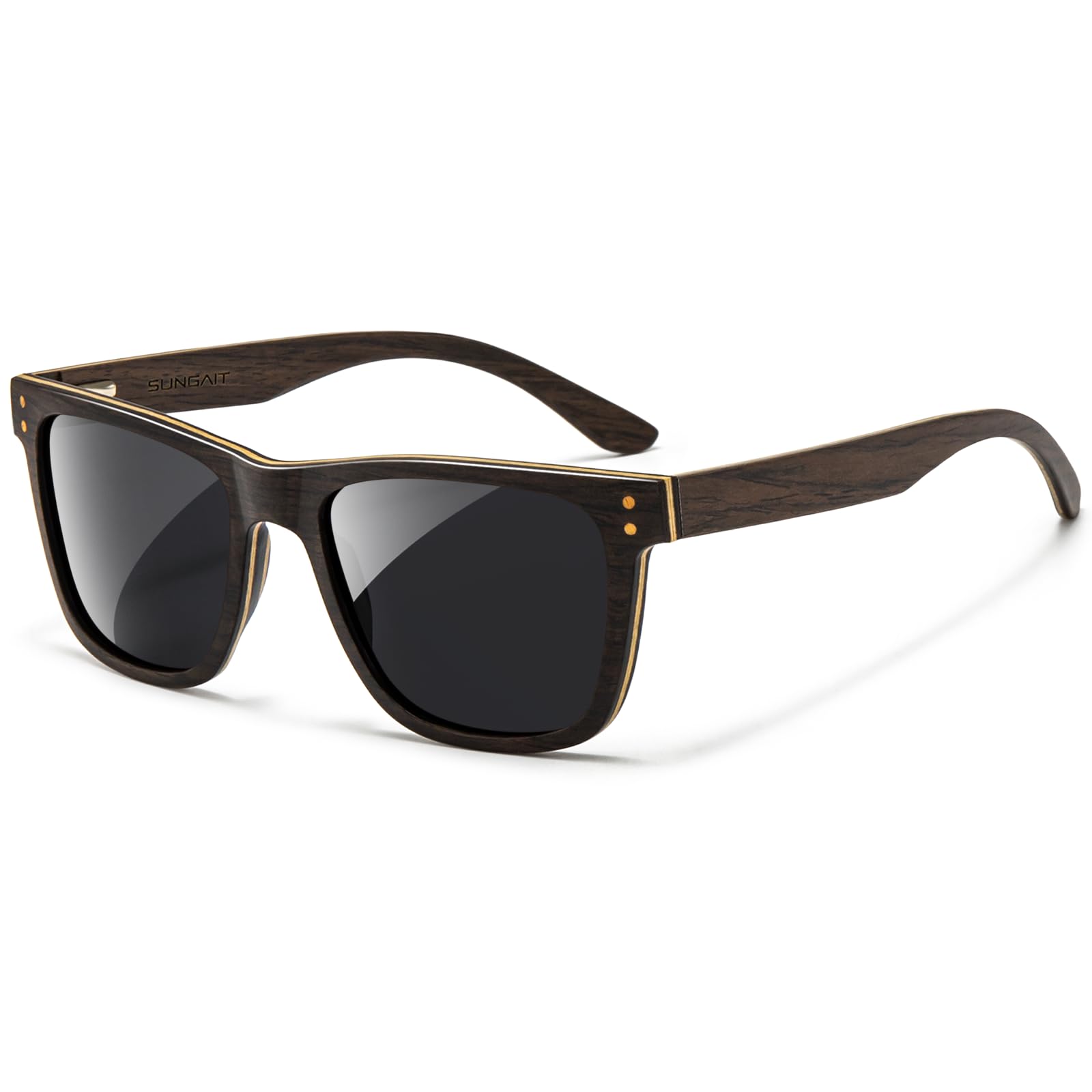 SUNGAIT Black Oak Dark Ebony Wood Sunglasses Mens Womens Square Polarized All-Wood Sun Glasses UV400 Protection with Case