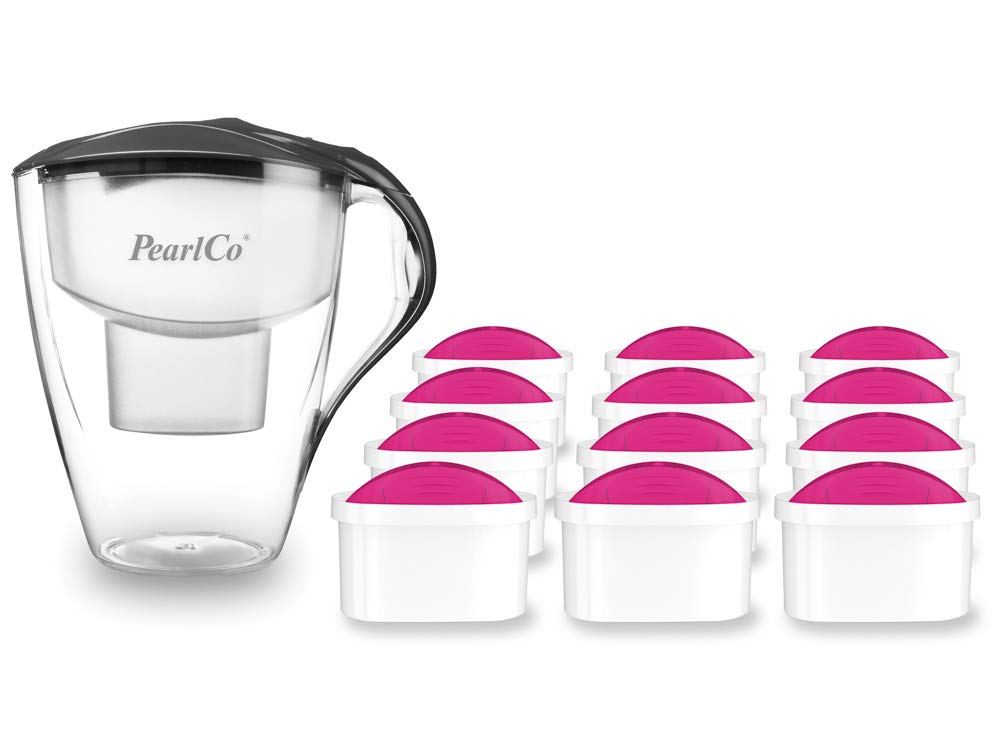 PearlCo Filtr do wody Family (antracyt) – z 12 wkładami filtrującymi z magnezu AquaMag Unimax – pasuje do Brita Maxtra