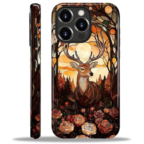 ANLUN STORE Case for iPhone 15 Pro, Hybrid Dual Protection Soft TPU + Hard PC Shockproof Cover Anti-Scratch & Slim Protective for Men Women Case Stained Glass Deer Flower Design