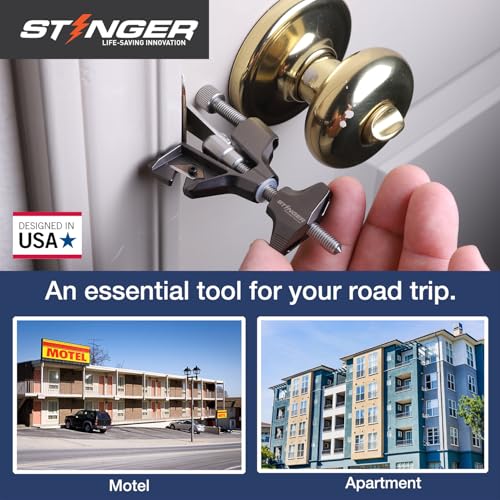 Stinger Metal Portable Door Lock for Travelers — Hotel, Apartment, and Home Door Stopper Security with Built-in Glass Breaker & Seatbelt Cutter, Ideal Travel Safety Lock for Women and Families - Image 6