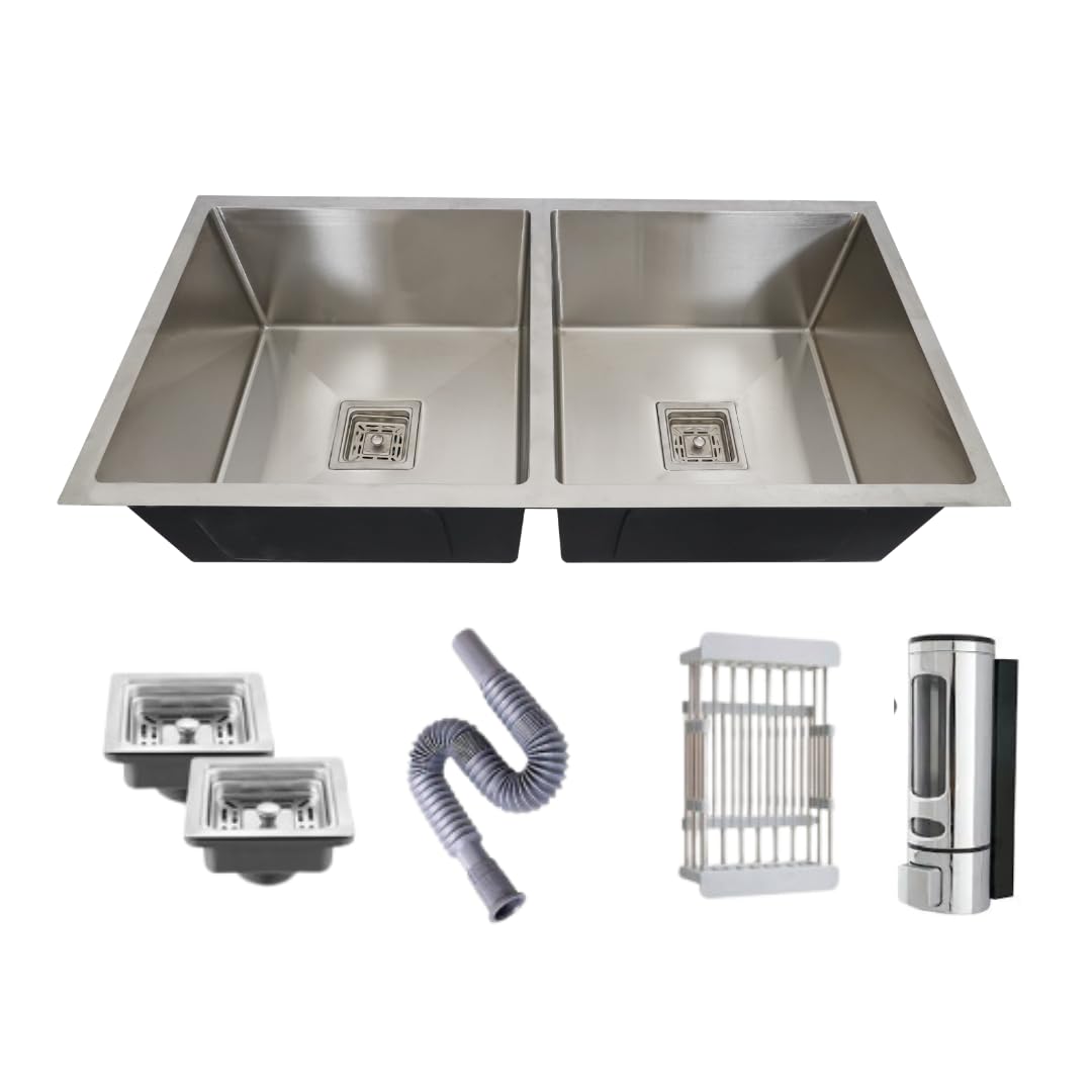 Bowls & More | Double Bowl | 36" X 18" X 10" Premium Handmade Kitchen Sink | Sound Proof Double Bowl Stainless Stell Matt Finish (SILVER) (B0DB86SW33) Amazon Price History, Amazon Price Tracker