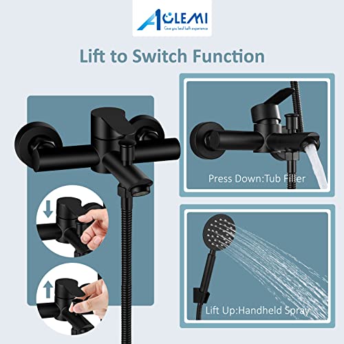 Aolemi Matte Black Wall Mount Bathtub Faucet with Handheld Sprayer Single Handle Shower Mixer Tap 6 Inch Center Bathroom Tub Faucet Stainless Steel SUS304 by Aolemi - Image 3