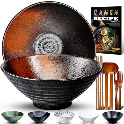 8 Zoll Keramik Ramen Schüssel 2 Set(9-Teilig) - Japanisches Porzellan Geschirr mit Gabel Essstäbchen Löffel und Rezepte Spülmaschinenfest für Nudeln Suppen Getreide Salate Geschenke für neuen Häusern