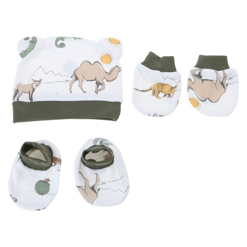 Newborns Baby Hat and Gloves Set with Foot for Infant Boys Girls 0-6 Months Soft Fetal Caps Cotton Gloves Socks Desert Camel