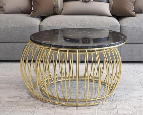 Image of Modern Coffee Tables Round Marble Laminated Tables Set of 2, Stacking Couch Center Table with Golden Metal Frame for Living Room, Bedroom or Apartments (Golden Black)