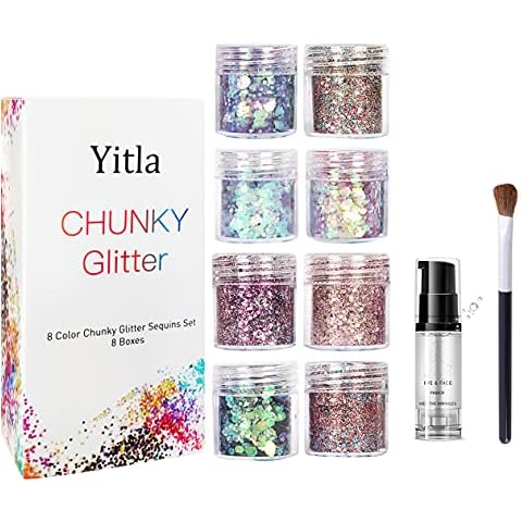 8 Color face Glitter Cosmetic Glitter, for Body, Cheeks and Hair, Festival and Party Beauty Makeup - Includes Long Lasting Fix Gel and Brush Cover