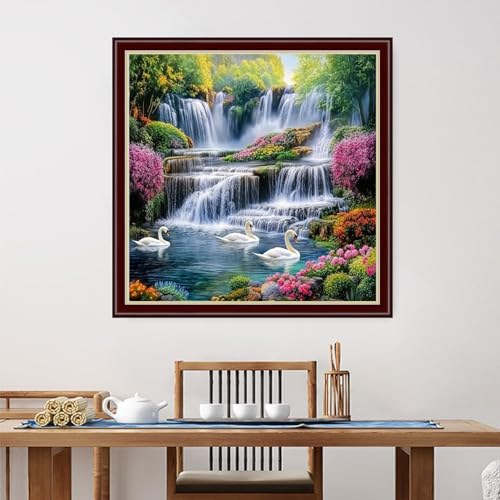 Image of Dimensean Stamped Cross Stitch Kits Full Range of Embroidery Patterns Starter Kits for Beginners Adult DIY Cross Stitches Needlepoint Kits 11CT-Swan Lake Waterfall 18x18 inch
