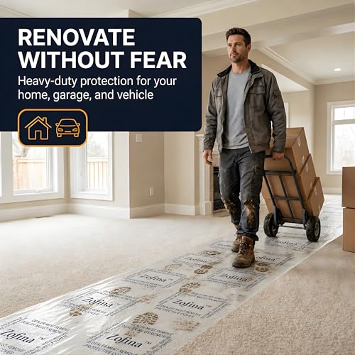 Image of ZOFINA Auto Floor Protection Film 24 inch x 200 ft - Car Carpet Protector Film, 4 Mil Heavy-Duty Adhesive Floor Mat, Dealer Plastic Floor Cover, Perforated Every 24 inch, Clear, Residue-Free Adhesive