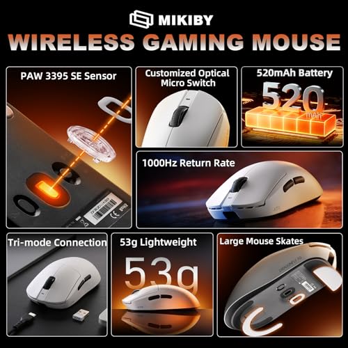 Image of MIKIBY-ATK A9 Wireless Gaming Mouse, 18000 DPI, PAW3395 SE Sensor-White | 53G Lightweight, Tri-Mode 2.4G /BT /USB-C Wired Mouse, 520mAh Battery,Programmable Ergonomic Mouse,Office Mice for PC /Win /Mac