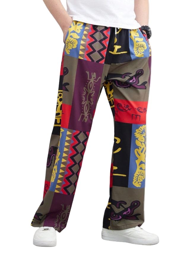 Men's Multicolor Printed Wide Leg Pants – Boho Style Loose Fit Straight Leg Trousers with Drawstring Waist and Pockets2
