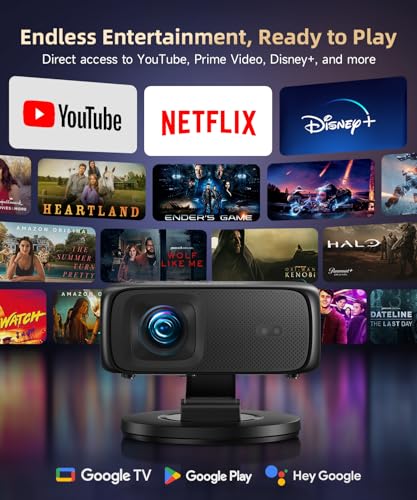 Image of 1500ANSI Google TV Smart Projector, Auto Focus & Keystone,with Stand | For Office Presentations, Classroom Teaching, Outdoor Camping & Family Theater, Built-in WiFi Bluetooth, 360 Rotatable Stand