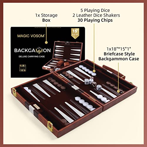 Magic Vosom Travel Medium 15 Inch Backgammon Brown Sets Classic Board Game With Premium Leather Case, Portable Travel Strategy Backgammon Game Sets For Adults, Kids (Brown,Medium) #TOP2