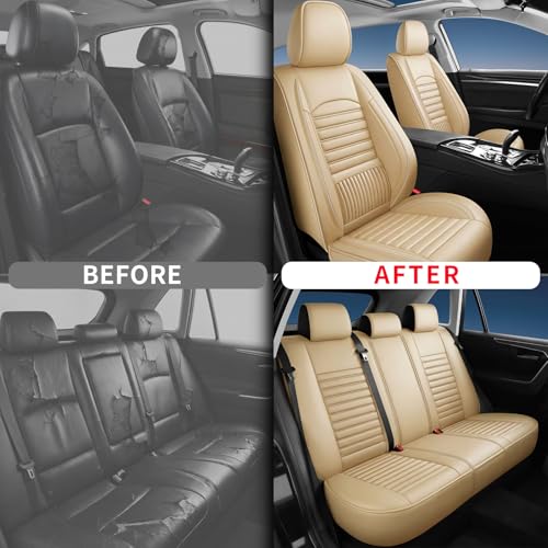 Image of Fit Canyon Car Seat Covers (5 Seats Full Set) Compatible with GMC Canyon 2015-2025 2026-Full Coverage Breathable Leather, Airbag Compatible, Waterproof & All-Weather,Beige