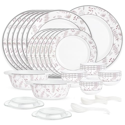 Image of Larah by Borosil 37pc Opalware Grandeur Dinner Set for Family of 6 | Microwave & Dishwasher Safe Crockery Set for Dining & Gifting | Plates & Bowls