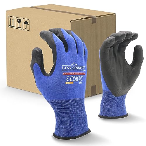 linconson 6 Pack Flexible Spandex Knit With Nitrile MicroFoam Palm Construction & Mechanics Safety Work Gloves (Blue, Medium (12 Pack))