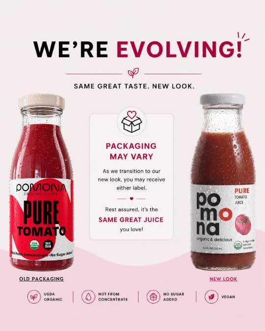 Image of Pomona Organic Juices Pure Tomato Juice, 8.4 Ounce Bottle (Pack of 12), Cold Pressed Organic Juice, Non-GMO, No Sugar Added, Not from Concentrate, Gluten Free, Kosher Certified, Preservative Free