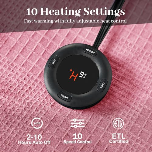 Electric Blanket Queen Size 84''X90'' - Heated Blanket with Dual Control Fast Heating 10 Heating Levels & 10 Hours Auto Off,ETL Certified Machine Washable (Light Pink)