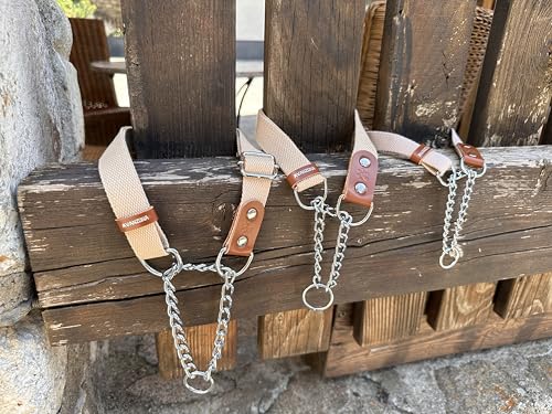Martingale Zugstopp Halsband für Hunde mit Kette und Leder. Zughalsband für Kleine. M. Beige & Cognac