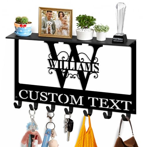 Custom Split Monogram Key Holder Wall Mount with Shelf, Home Gifts | Custom Name, Mail & Key Organizer, Metal Coat Rack, Waterproof & Rustproof, Entryway, Hallway, Living Room, Reinforced Shelf