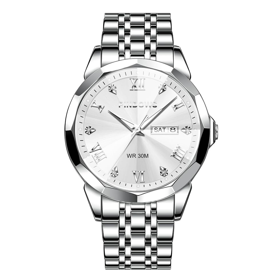 PINDOWS Herrenuhren Luxus Quarz-Analoguhr Datumsanzeige und großem Ziffernblatt wasserdichte modische Business-Armbanduhr Elegante zweifarbige Edelstahl-Klassiker-Herrenuhr mit beleuchtetem Kalender