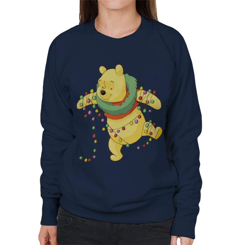 Disney Women's Navy Blue Christmas Winnie The Pooh Tangled In Festive Lights Sweatshirt