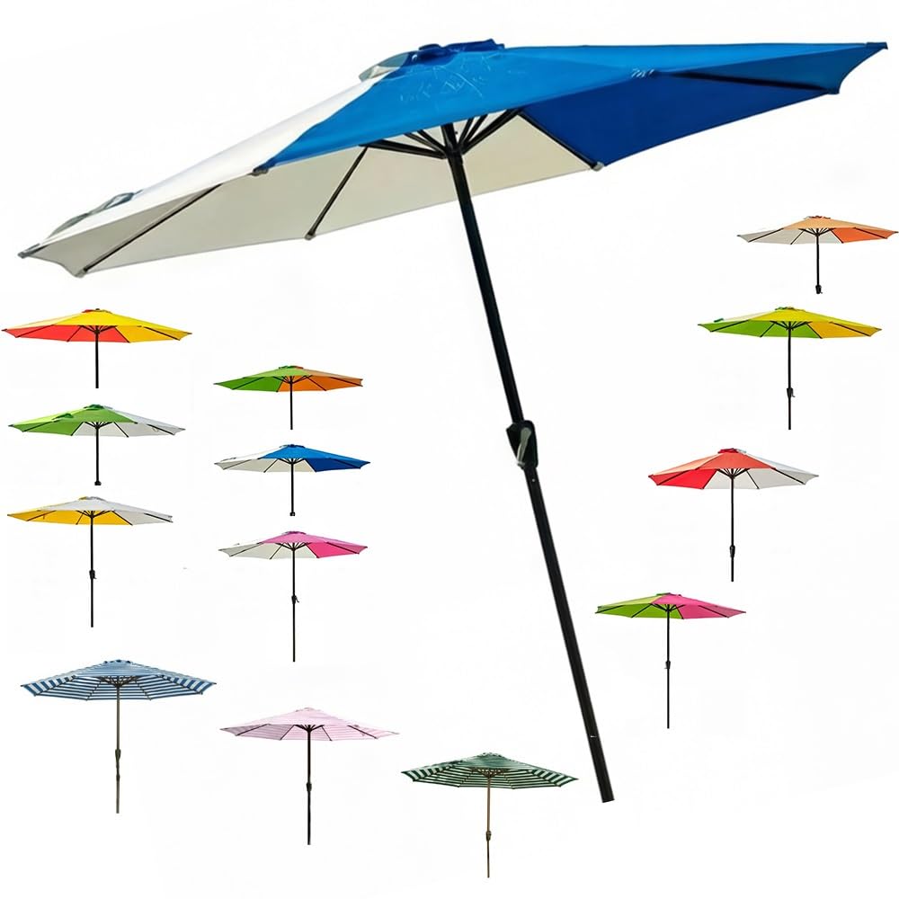 LARAKVEAKV Large Market Table Umbrella With Crank, 9FT Rainbow Sun Protection Umbrellas，Garden Stripe Parasol For Patio Backyard Deck Yard(Colorful 9)