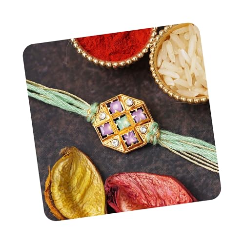 Image of eCraftIndia Beautiful Pastel Green and Purple Color Designer Rakhi for Brother | Raksha Bandhan Rakhi with Roli
