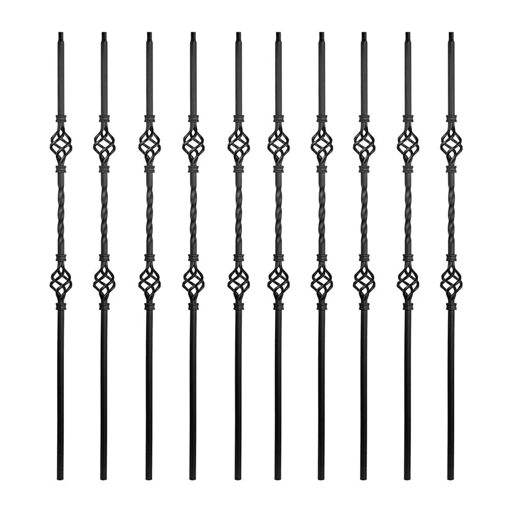 Balaustres de hierro para interior de escalera (caja de 10) husillos de escalera cuadrados de metal de 1,27 cm – Balaustres de escalera de doble canasta hueca de un solo giro (negro satinado