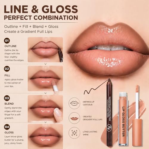 Image of 2PCS Lip Gloss with Brown Lip Liner Lip Combo Set - Honey Nude Warm Beige Shade for Natural Everyday Lips, Lip Plumping Effect, Hydrating Glossy Shine, Over Lip Makeup for Fuller Looking Lips