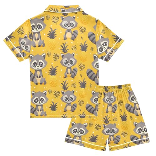 ALAZA Raccoon Palm Leaves Pineapple Yellow Satin Pajamas Set Short Sleeve Button Down Sleepwear Summer Pjs 2 Piece2